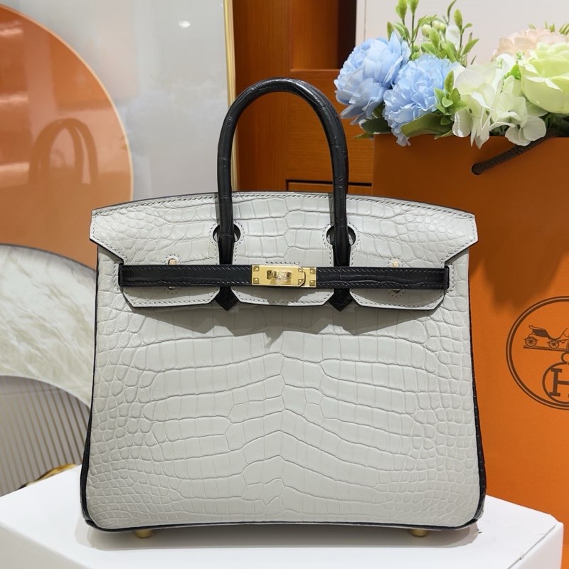 Birkin 25 Bicolor Pearl grey match Noir Alligator GHD